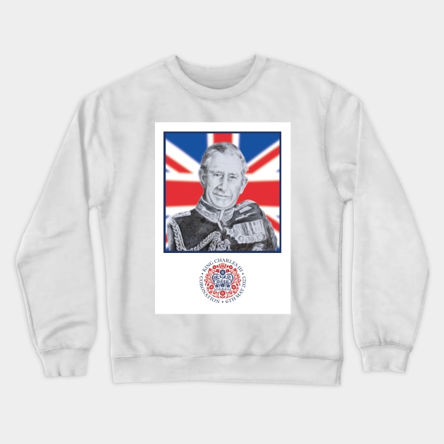 King Charles III Charcoal Portrait on Union Jack Crewneck Sweatshirt by BenitaJayne